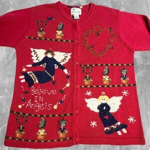 VINTAGE 90s angel folk art knit sweater cardigan primitive artsy topiary heart